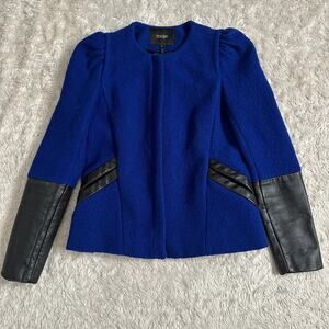 Maje Sz 40 Rabotte Jacket Royal Blue Virgin Wool Black Calfskin Leather Blazer